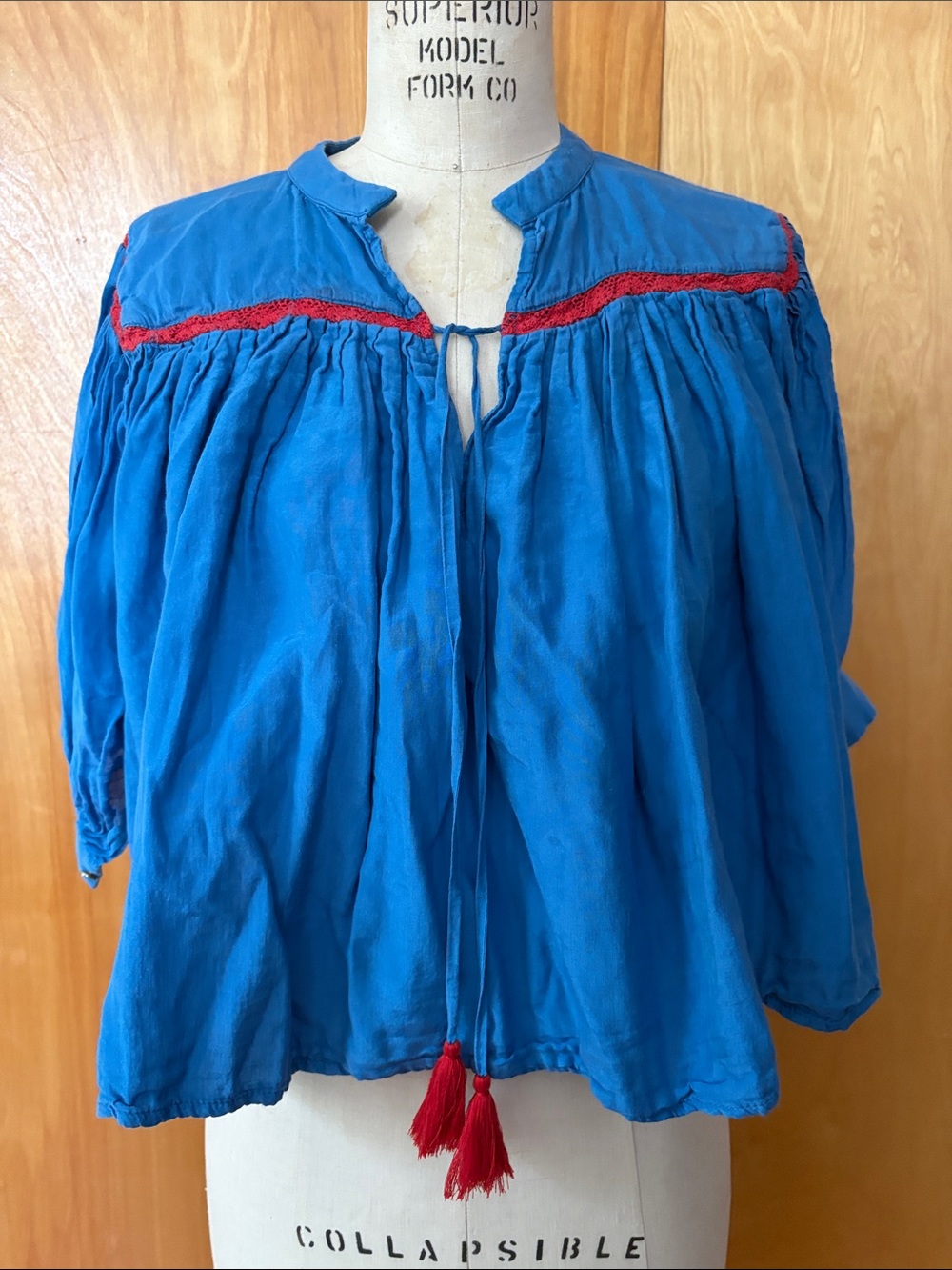 Carolina K Tarahumara Cotton Blouse Blue Red Trim Boho XS